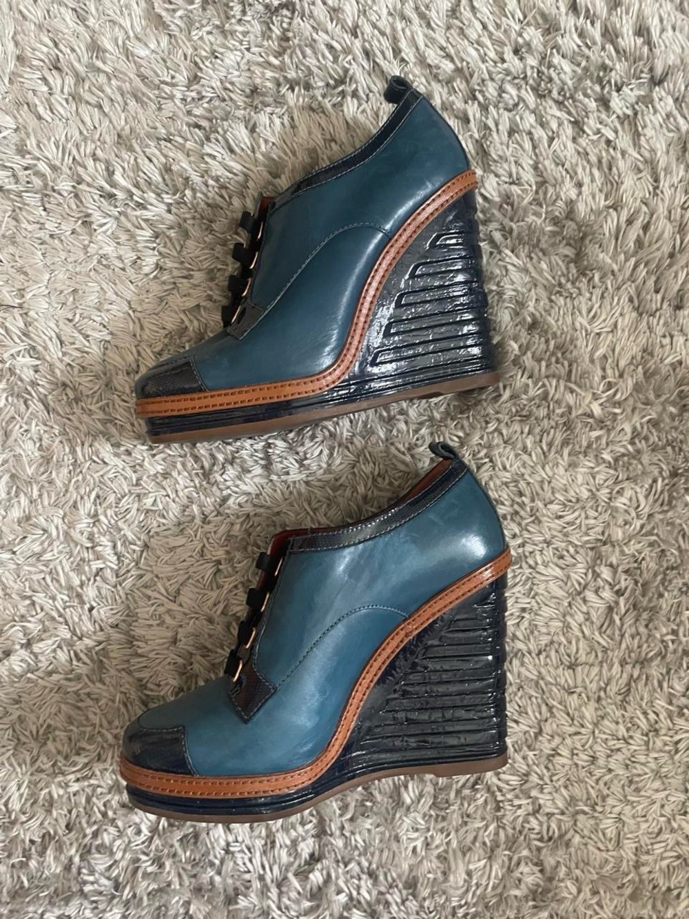Marc By Marc Jacobs Teal Leather Wedge Booties with Brown Trim